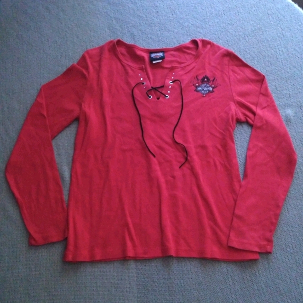 Red Harley-Davidson Long Sleeve Lace-up T-shirt